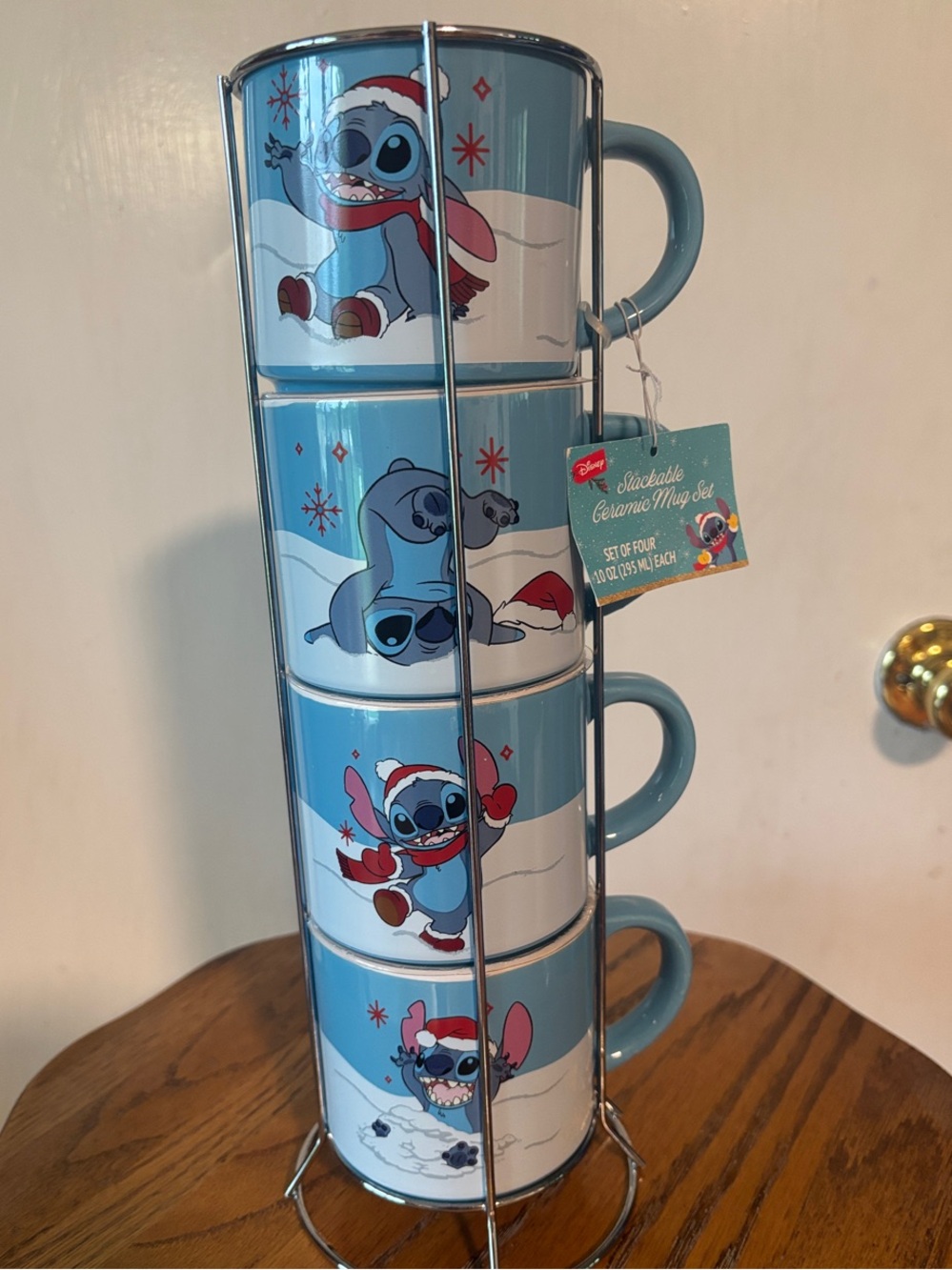 Disney Light Blue Stitch Holiday Stackable Mug Set with Rack (4-Pack)